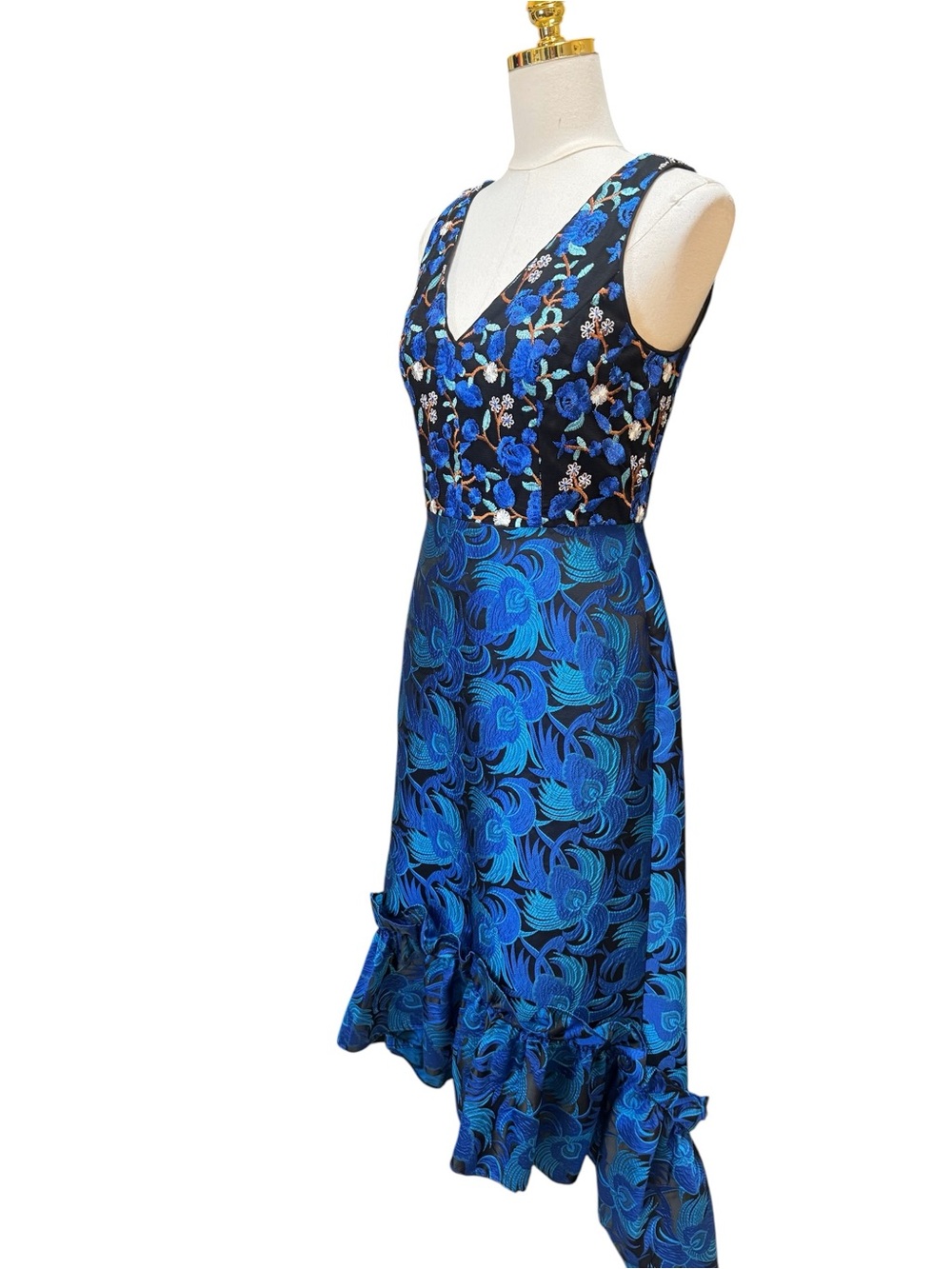 Belle Badgley Mischka Blue Embroidered High Low Jacquard Dress Size 6 - Picture 8 of 15